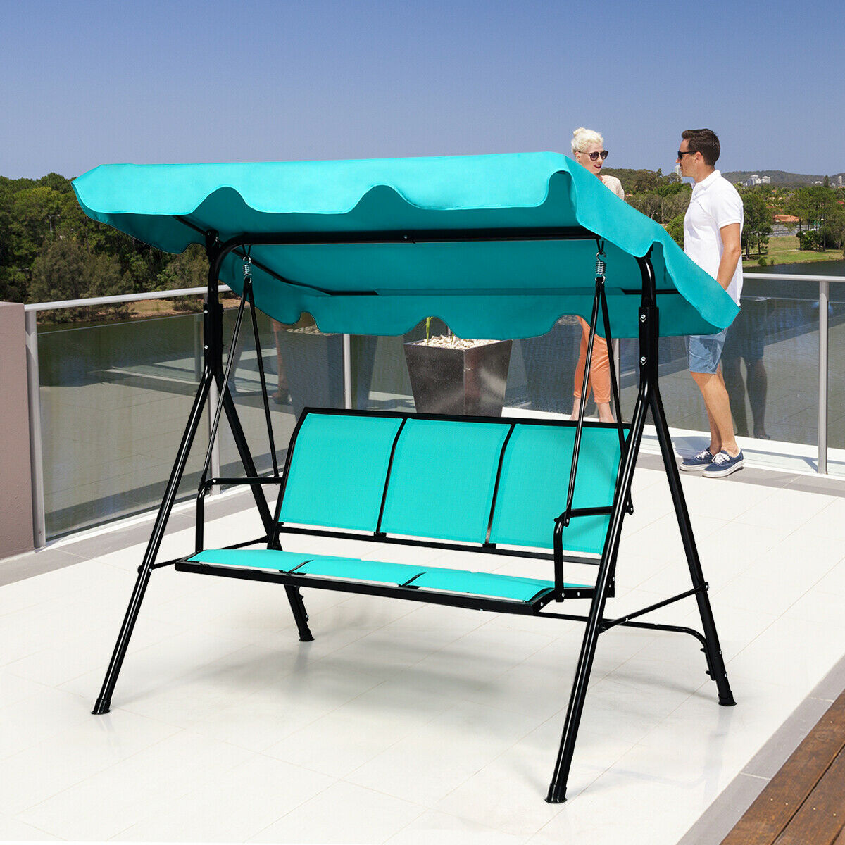 3 Seater Garden Swing Chair with Adjustable Canopy-Blue