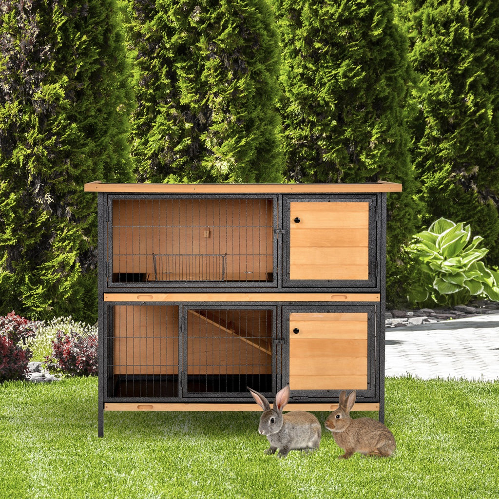 2-Floor Rabbit Hutch, Slide-Out Tray Feeding Trough Lockable Door - Inspirely