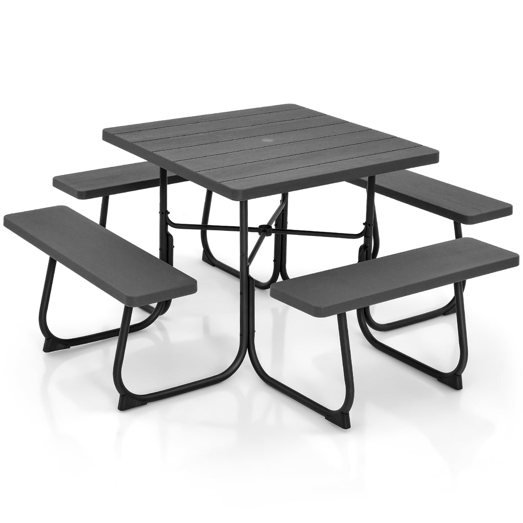 8-person Square Picnic Table Bench Set with 4 Benches and Umbrella Hole-Black