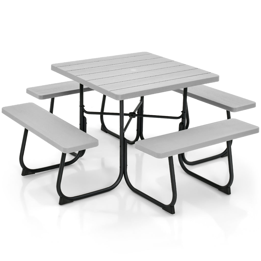 8-person Square Picnic Table Bench Set with 4 Benches and Umbrella Hole-Grey