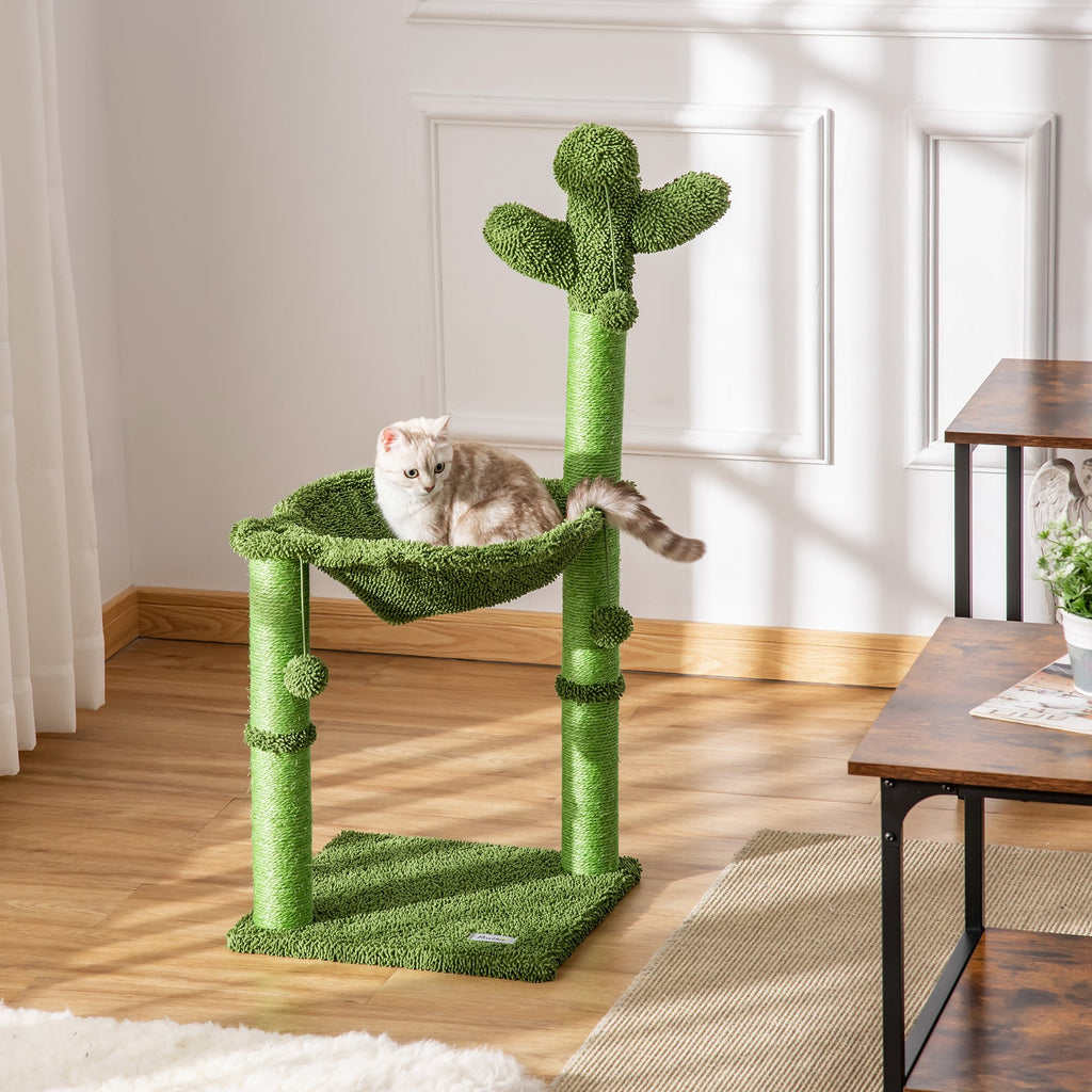 PawHut Cat Tree Tower Kitten Activity Center Cactus Shape with Scratching Post Hammock Bed Dangling Ball Toy - Inspirely