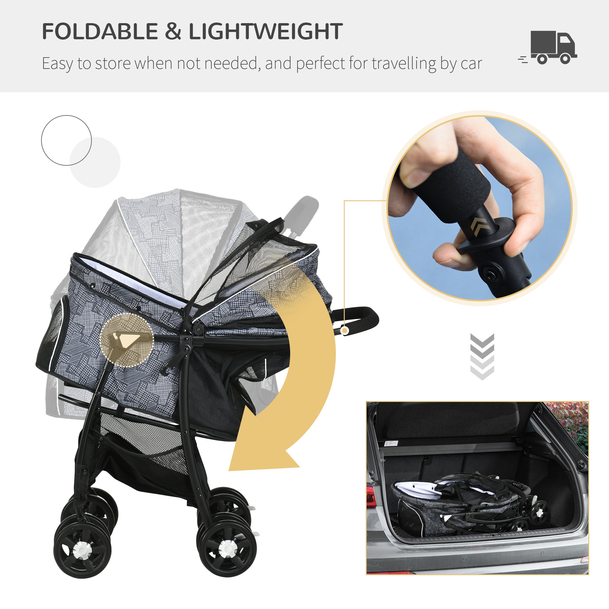 PawHut Pet Stroller Dog Pushchair Cat Travel Carriage Foldable Carrying Bag w/ Universal Wheels, Brake Canopy for XS & S Sized Pets, Grey