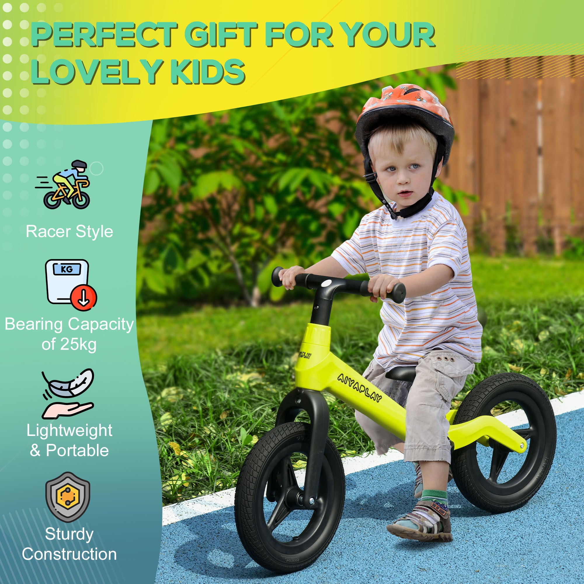 AIYAPLAY Balance Bike with Adjustable Seat and Handlebar, PU Wheels, No Pedal, Aged 30-60 Months up to 25kg - Green