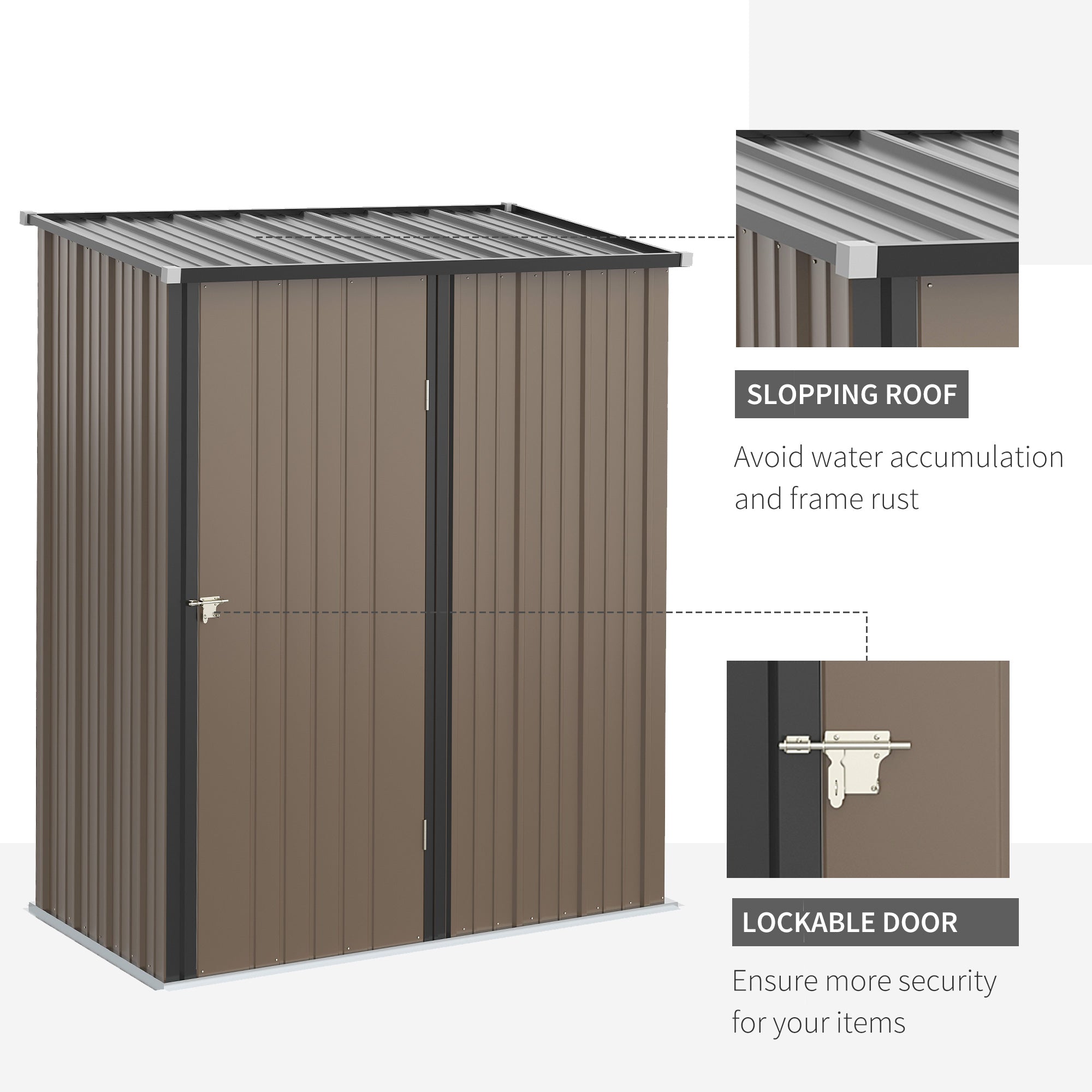 Outsunny 5 x 3 ft Metal Garden Storage Shed Patio Corrugated Steel Roofed Tool Shed with Single Lockable Door, Brown - Inspirely