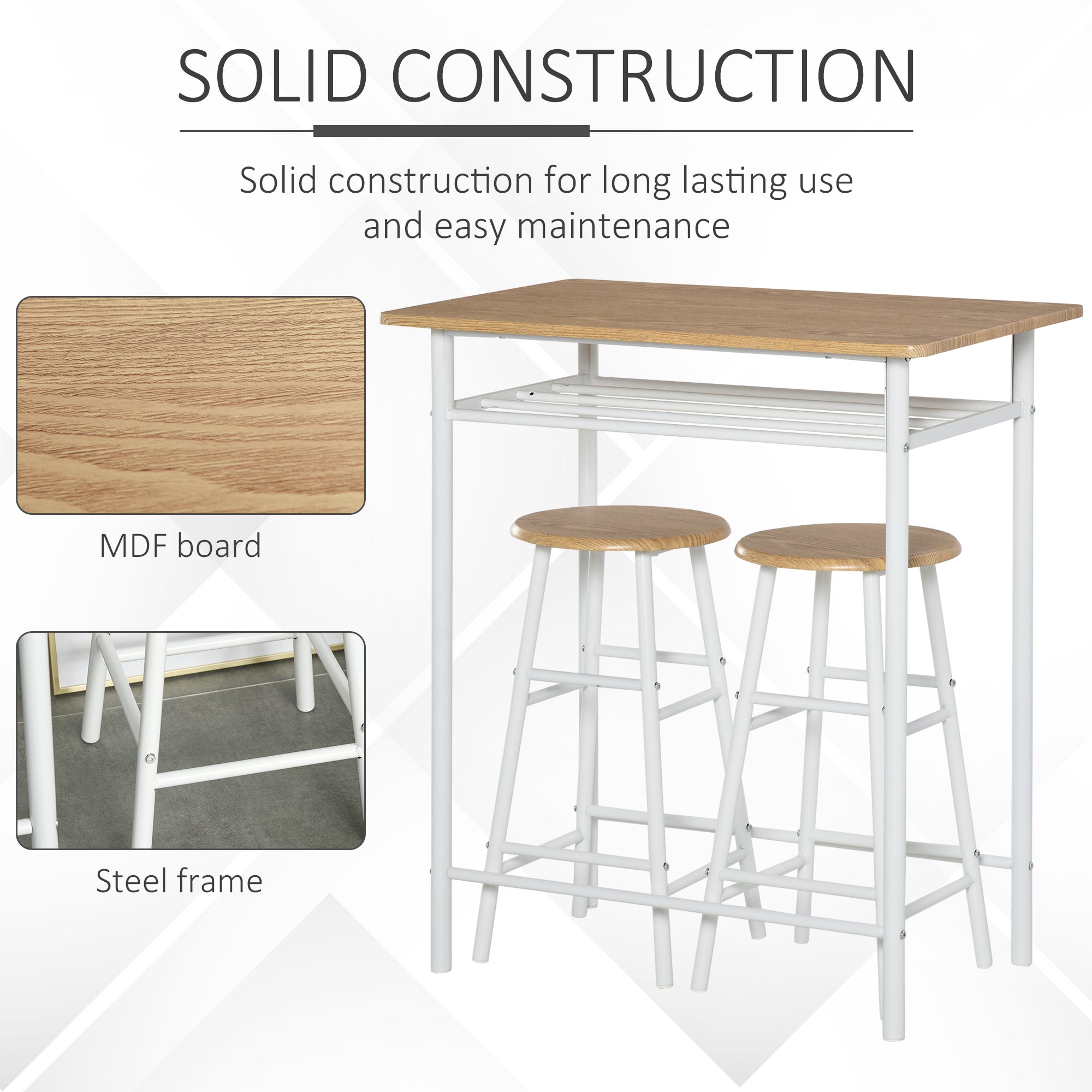 HOMCOM Bar Table Set, Bar Set-1 Bar Table and 2 Stools with Metal Frame Footrest and Storage Shelf for Kitchen, Dining Room, Pub, Cafe, White and Oak - Inspirely