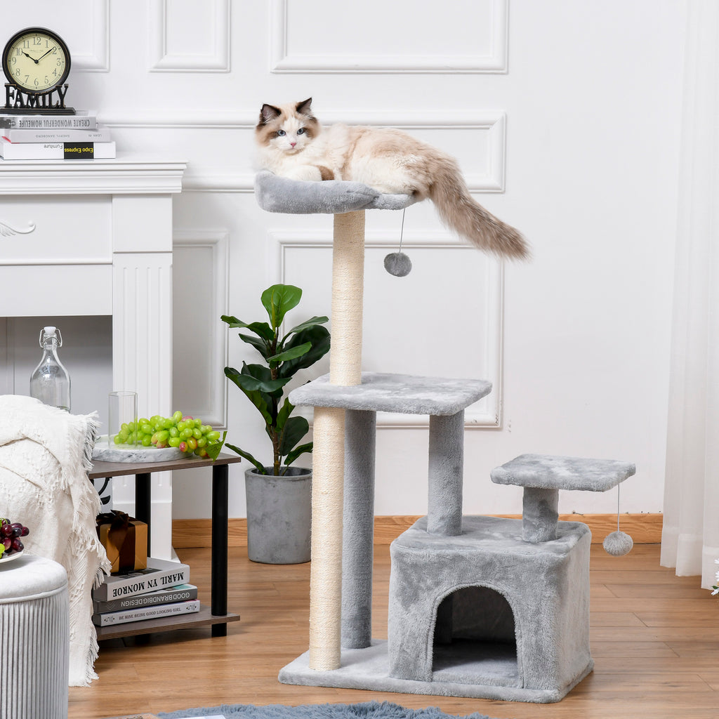 PawHut Cat tree Tower 114cm Climbing Activity Centre Kitten with Sisal Scratching Post Perch Hanging Ball Condo Toy Light Grey - Inspirely