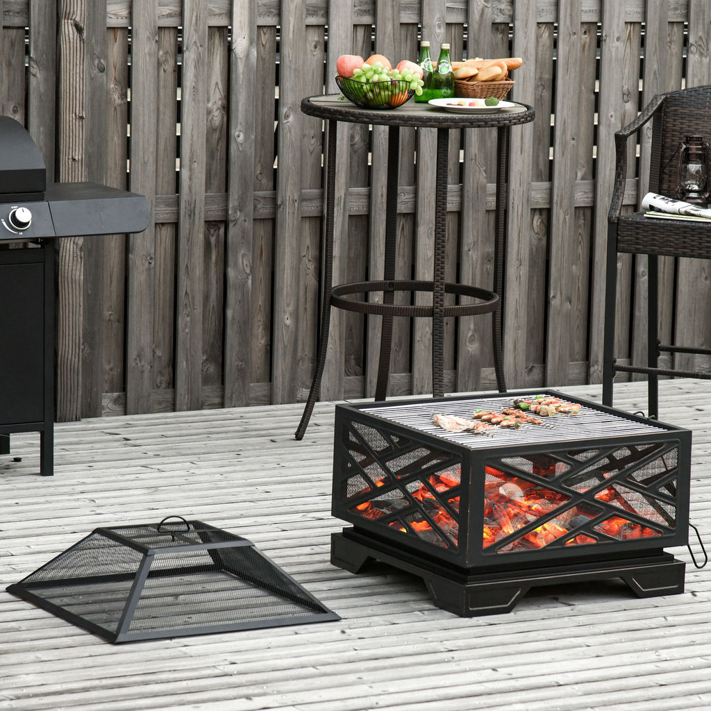 Outsunny 66cm 2 in 1 Square Fire Pit Metal Brazier for Garden, Patio with BBQ Grill Shelf & Spark Screen Cover & Poker, Black - Inspirely