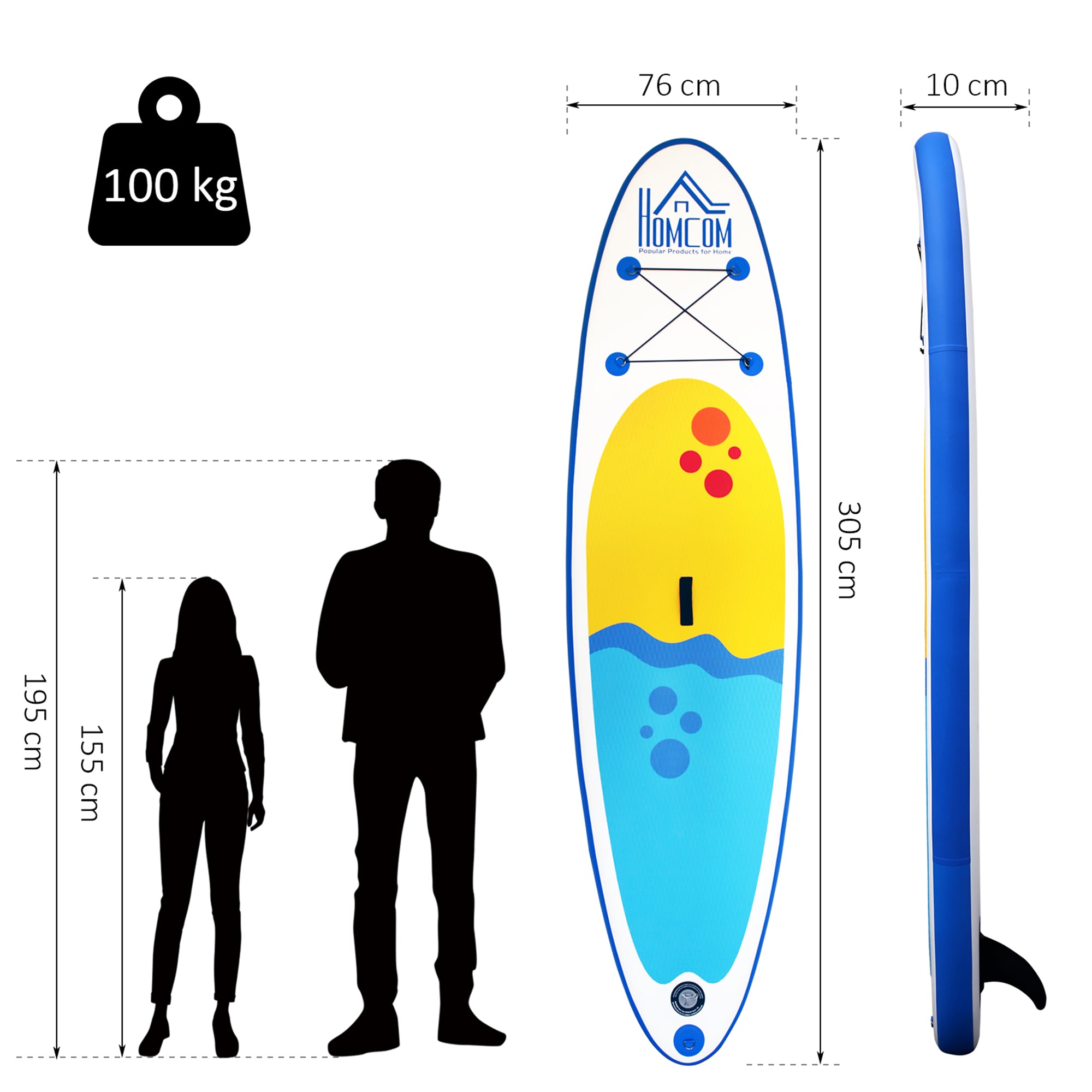 HOMCOM Inflatable Paddle Stand Up Board, Adjustable Aluminium Paddle Non-Slip Deck Board with ISUP Accessories & Carry Bag, 305L x 76W x 10H cm -Blue - Inspirely