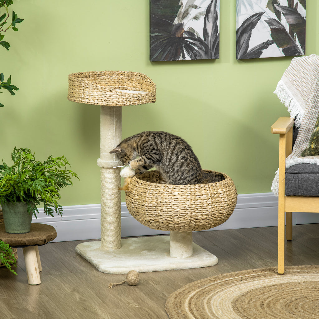 PawHut 72cm Cat Tree Kitty Activity Center Cat Climbing Toy Cat Tower with 2 Cattail Beds Ball Toy Sisal Scratching Post Beige