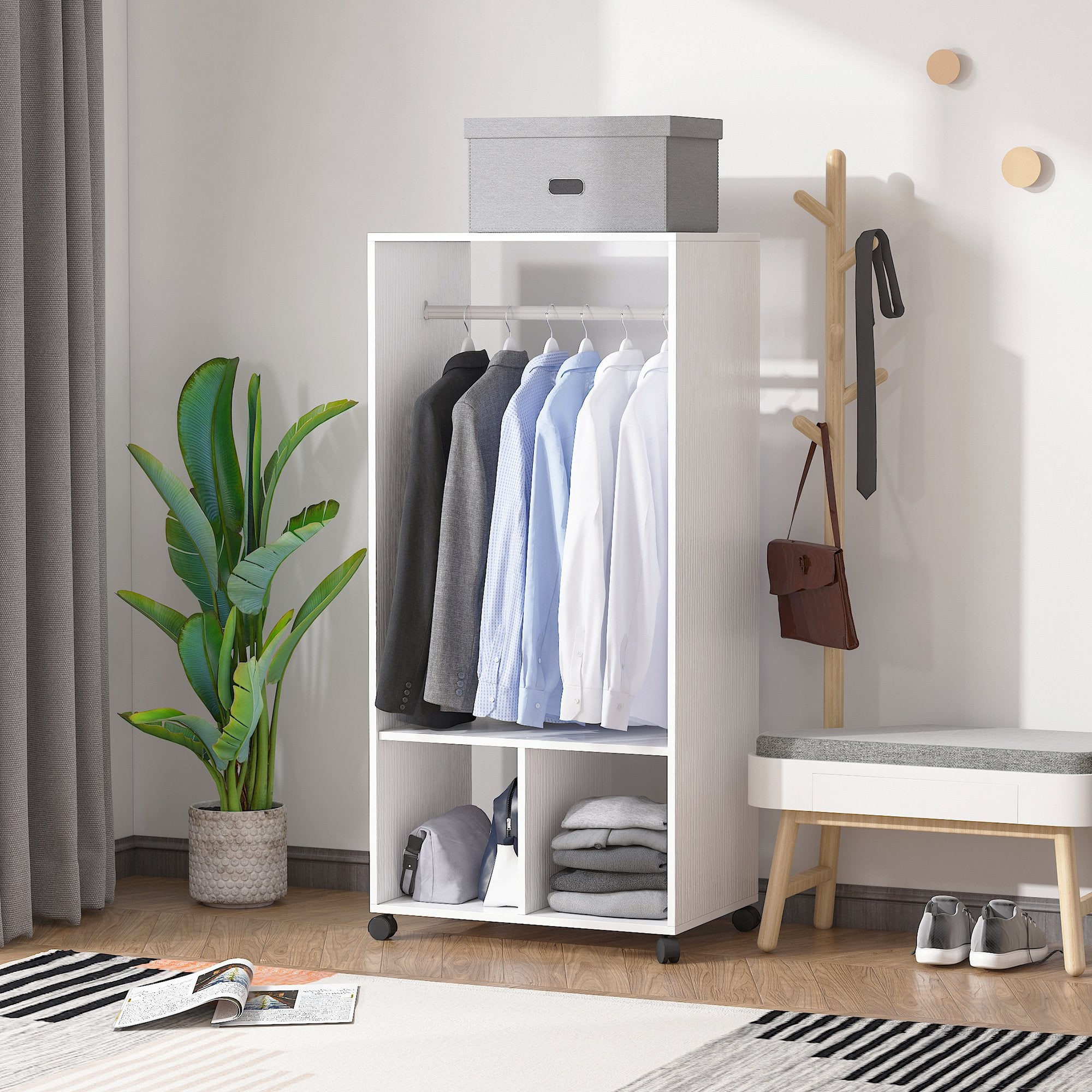 Rolling Open Wardrobe with Hanging Rod Storage Shelves Closet Organizer, White - Inspirely