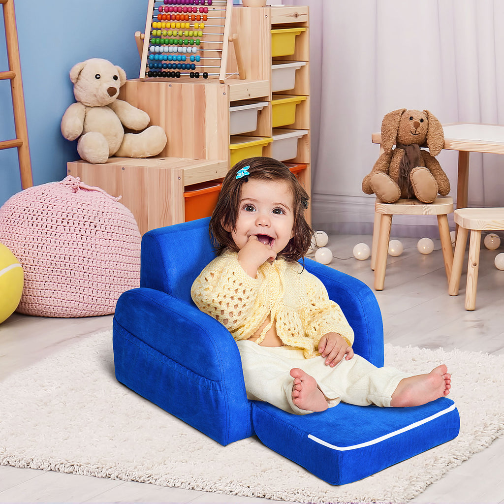 HOMCOM 2 In 1 Kids Children Sofa Chair Bed Folding Couch Soft Flannel Foam Toddler Furniture for 3-4 years old Playroom Bedroom Living Room Blue