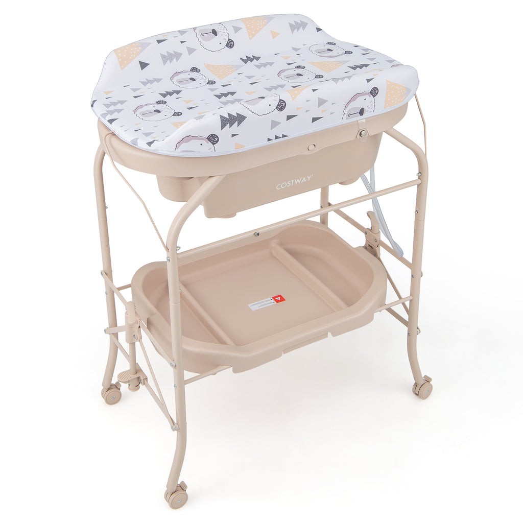 2-in-1 Baby Change Table with Bathtub and Folding Changing Station-Beige