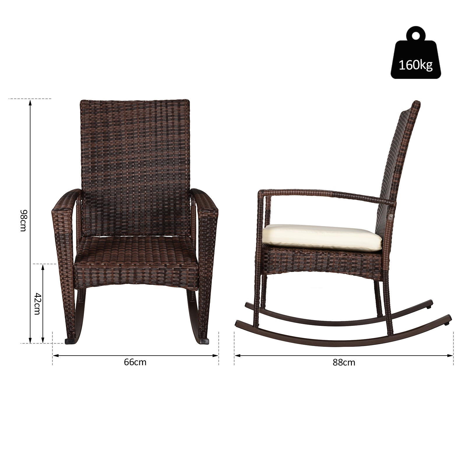 Outsunny Rattan Rocking Chair Rocker Garden Furniture Seater Patio Bistro Relaxer Outdoor Wicker Weave with Cushion - Brown - Inspirely