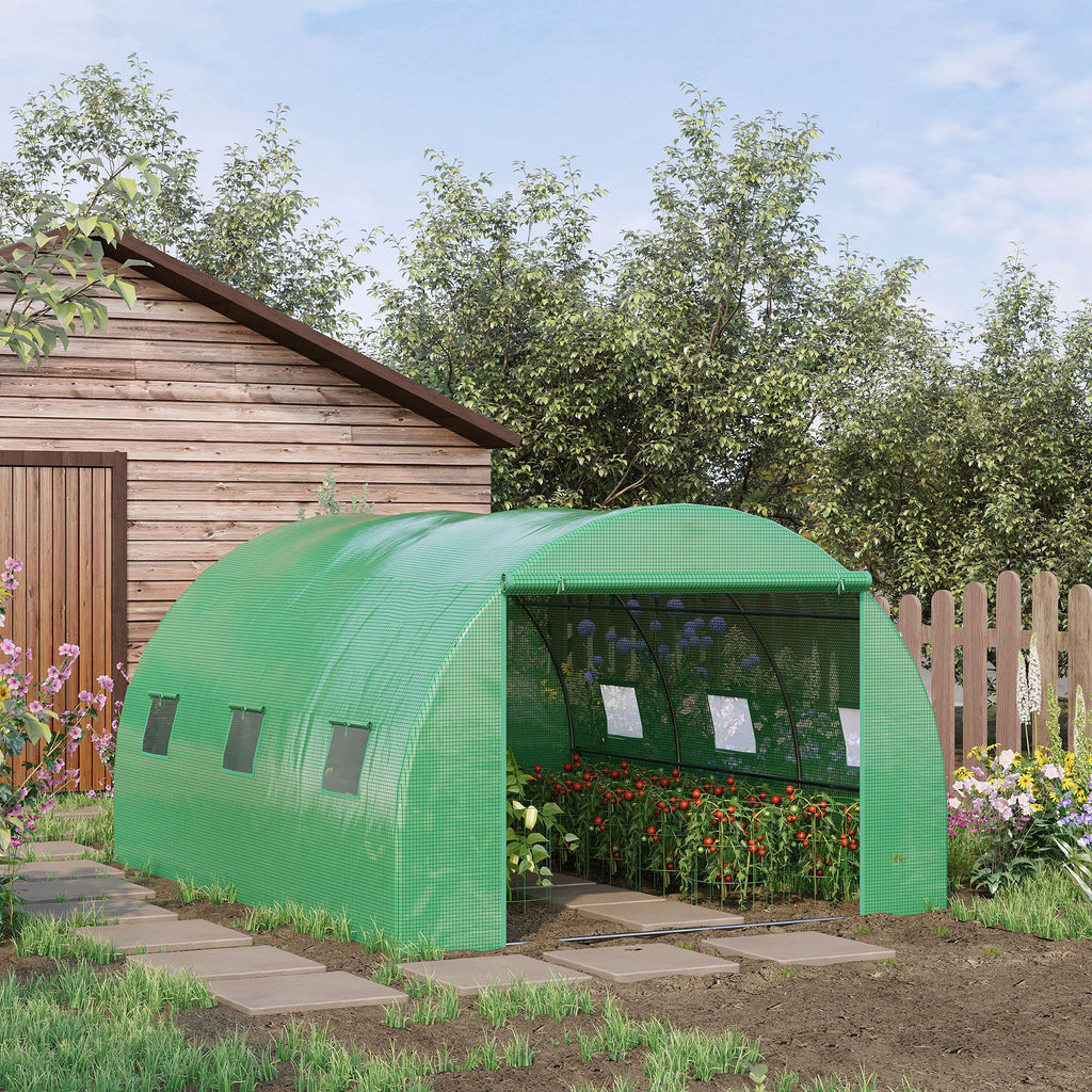 Outsunny Walk-In Polytunnel Greenhouse, Outdoor Garden Greenhouse with PE Cover, Zippered Roll Up Door and 6 Windows, 4 x 3 x 2 m, Green - Inspirely
