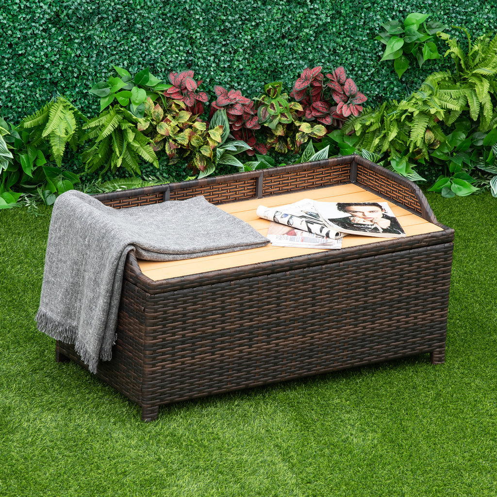 Outsunny Patio PE Rattan Wicker Storage Basket Box Bench Seat Furniture w/ Cushion Brown - Inspirely
