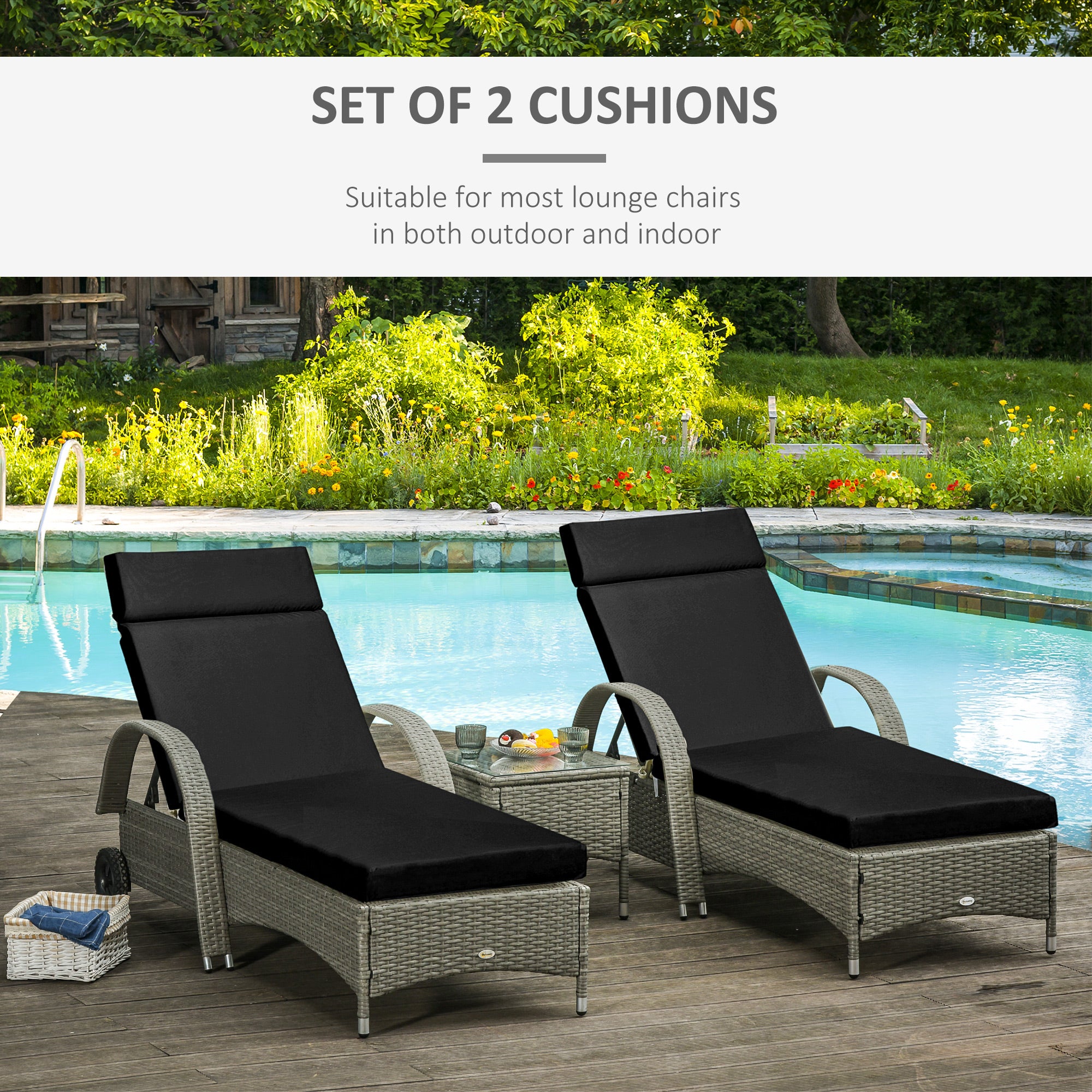 Outsunny Set of 2 Sun Lounger Cushions, Replacement Cushions for Rattan Furniture with Ties, 196 x 55 cm, Black
