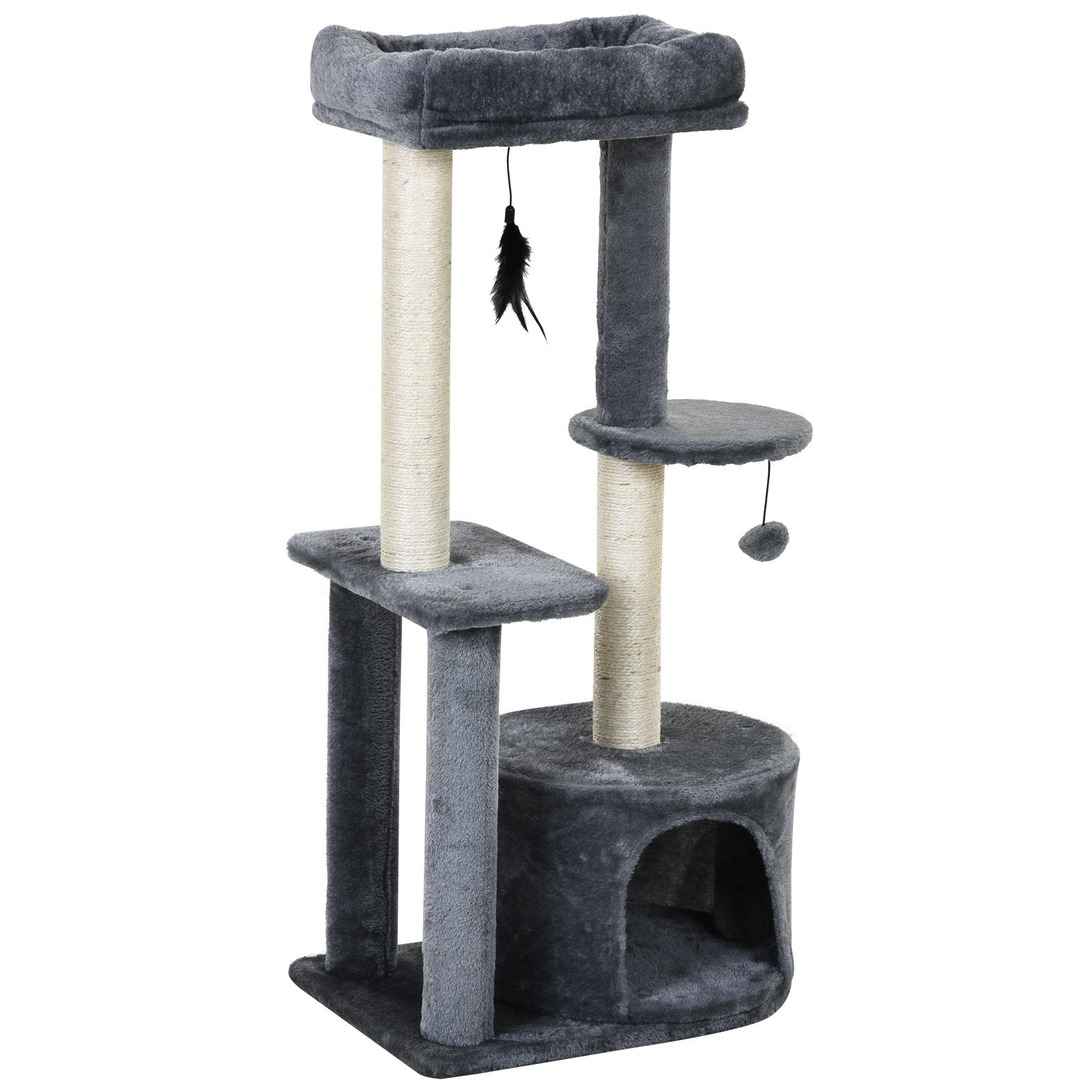 PawHut Cat Multi-Activity Tree Tower w/ Perch House Scratching Post Platform Play Ball Plush Covering Play Rest Relax Grey White - Inspirely