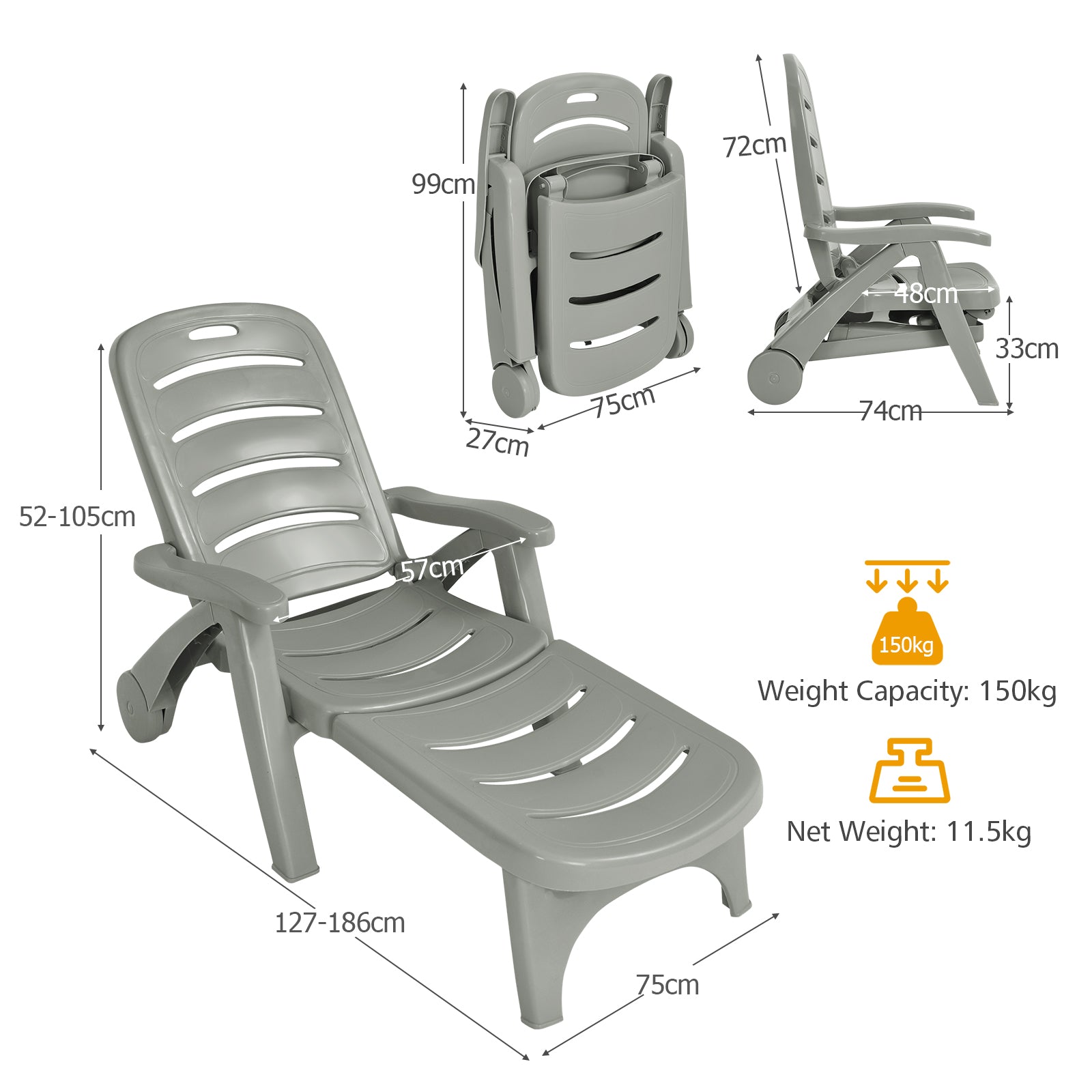 Adjustable Chaise Lounge Chair with Built-In Wheels-Grey