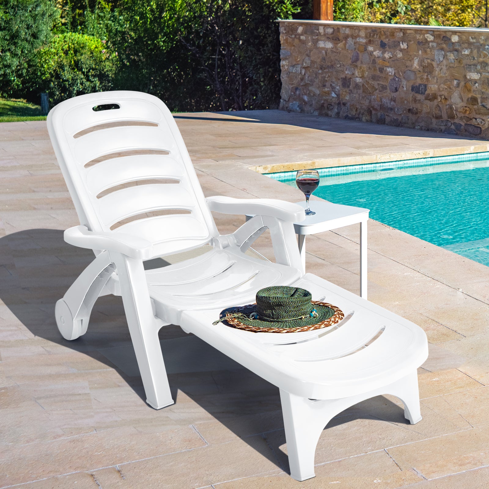 Adjustable Chaise Lounge Chair with Built-In Wheels-White