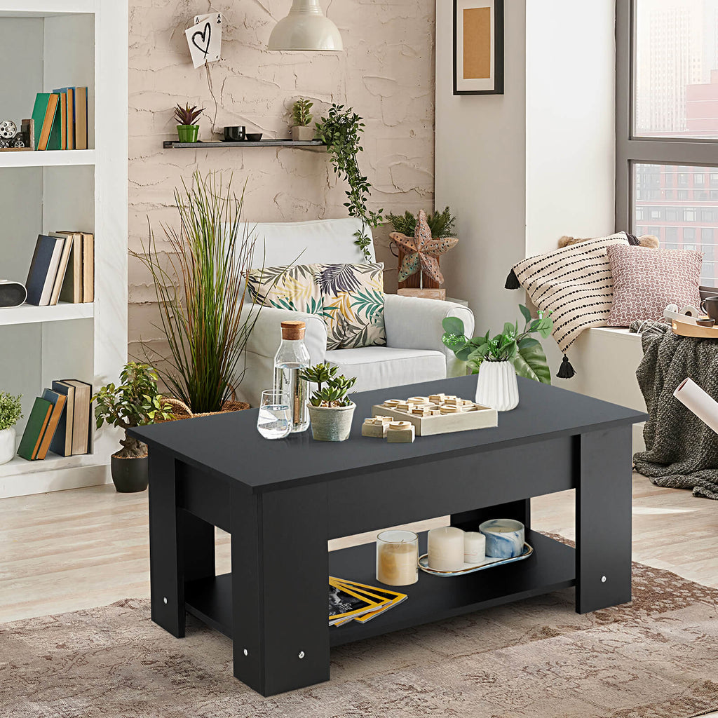 Height Adjustable Coffee Table with 2 Shelves and Liftable Top-Black