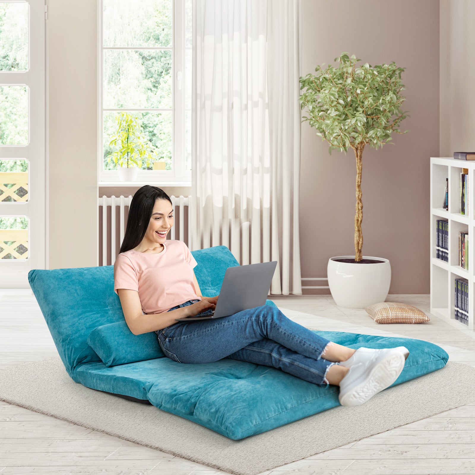 Convertible Floor Sofa Bed with 2 Waist Pillows-Blue