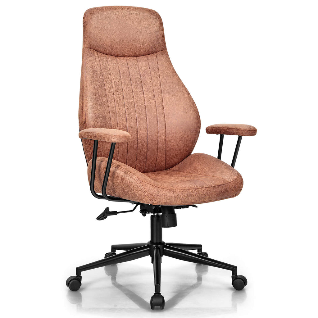 Adjustable Suede Fabric Ergonomic Office Chair with Reclining Backrest - Reddish Brown