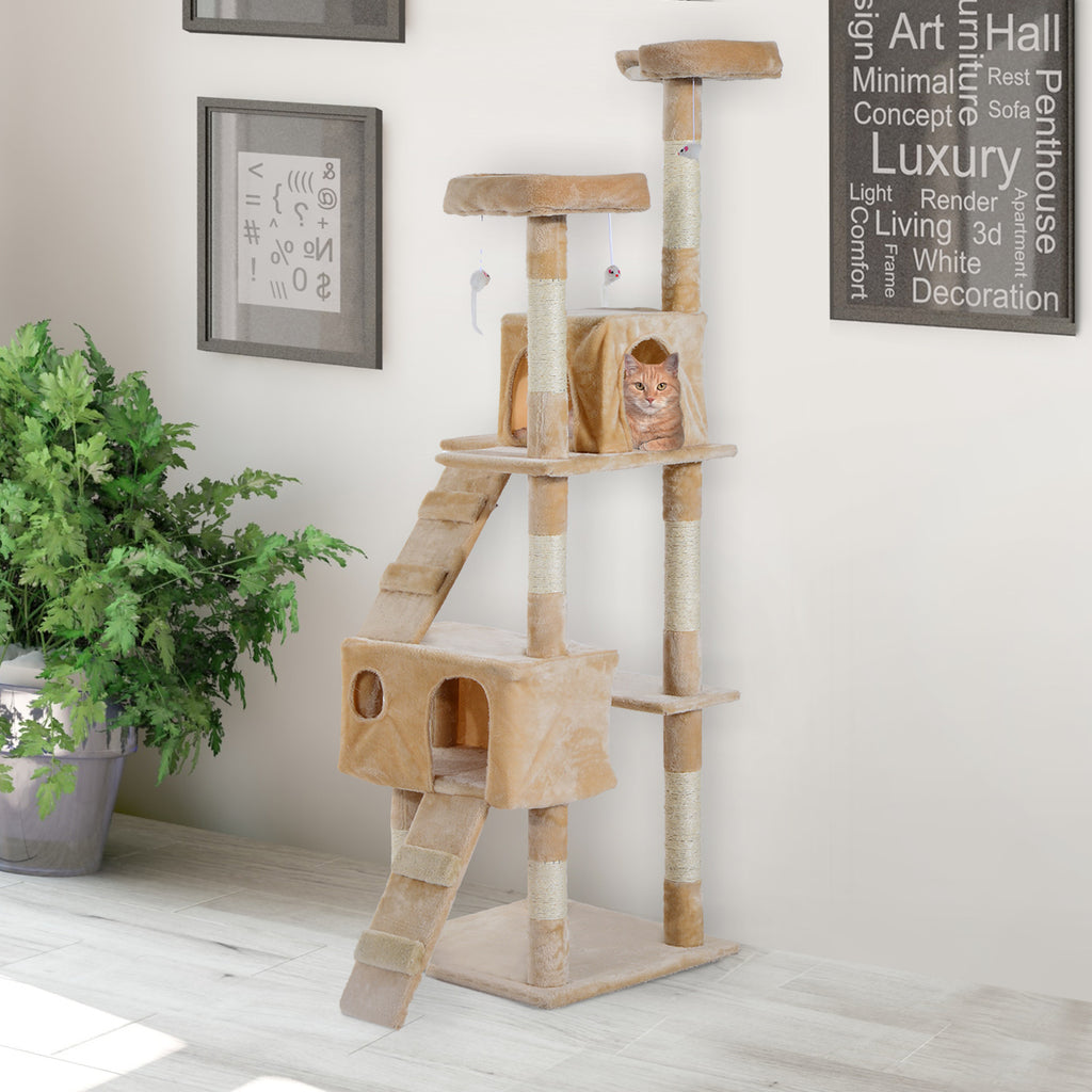 PawHut Cat Tree Kitten Kitty Scratching Scratcher Post Climbing Tower Activity Center House Cream - Inspirely