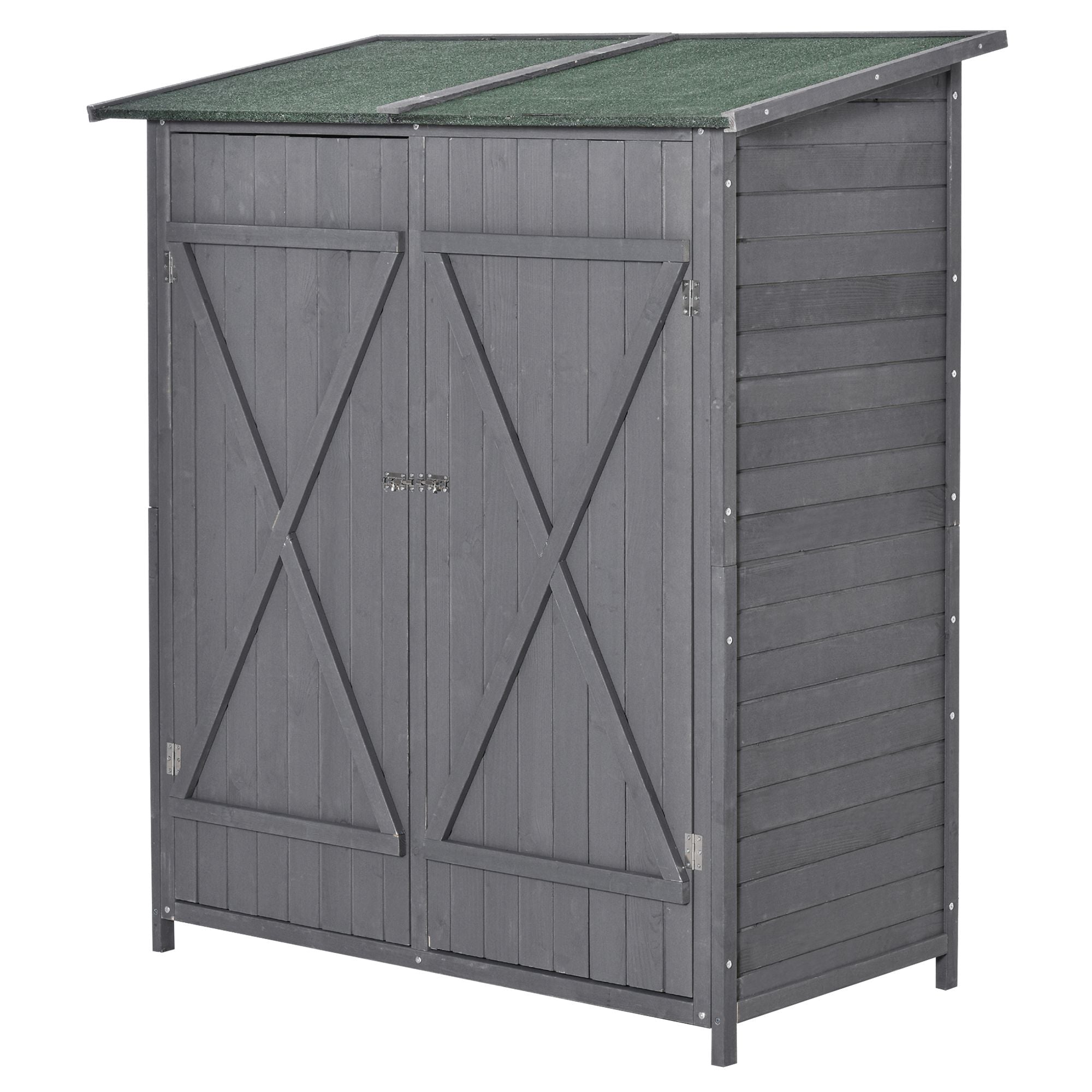 Outsunny Wooden Garden Storage Shed Lockable Tool Cabinet Organizer w/ Storage Table, Double Door, 139 x 75 x 160 cm, Grey - Inspirely