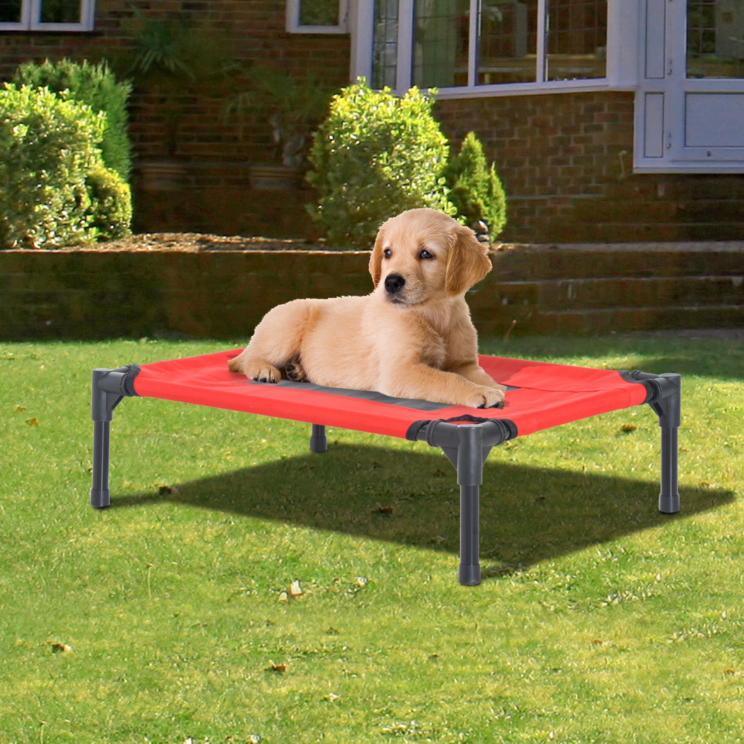 PawHut Elevated Pet Bed Portable Camping Raised Dog Bed w/ Metal Frame Black and Red (Small) - Inspirely