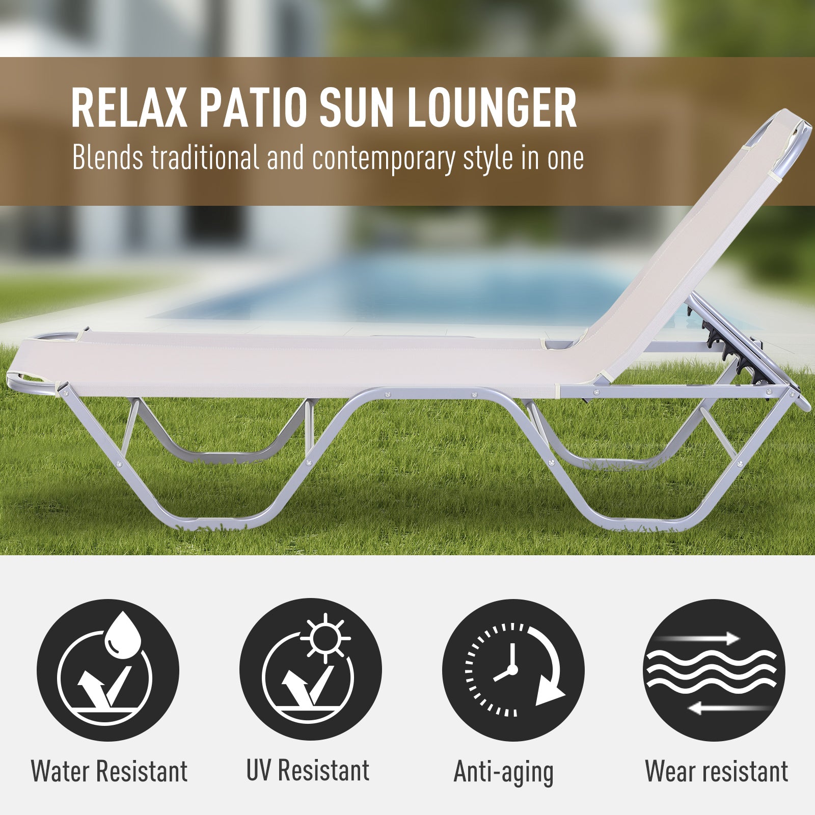 Outsunny Sun Lounger Relaxer Recliner with 5-Position Adjustable Backrest Lightweight Frame for Pool or Sun Bathing Cream White - Inspirely