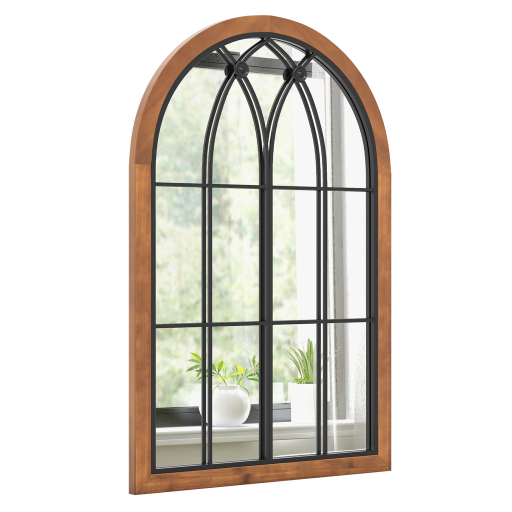 Arched Window Finished Wall Mounted Mirror with Back Board-Natural