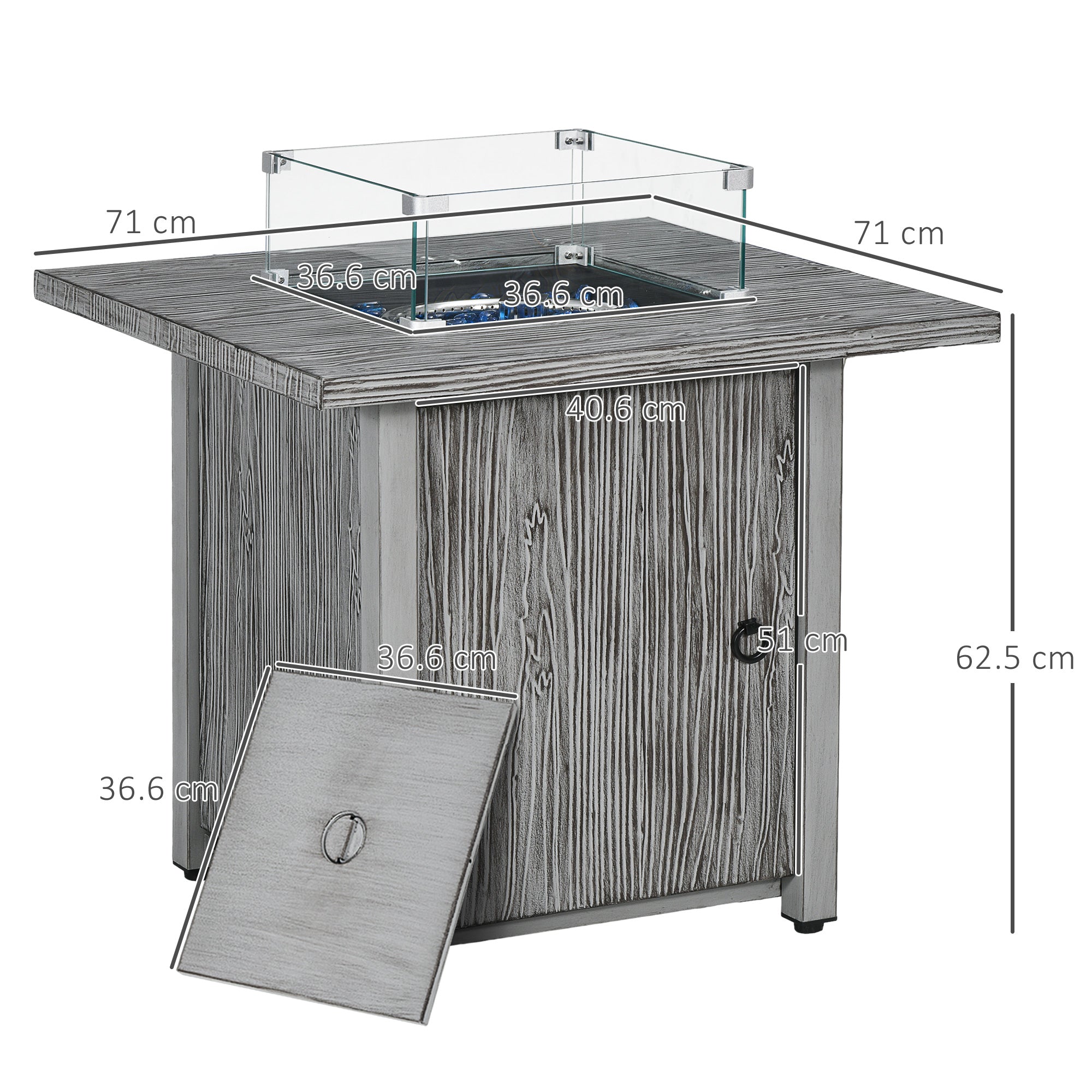 Outsunny 40,000 BTU Gas Fire Pit Table with Cover, Glass Screen and Glass Beads, Grey
