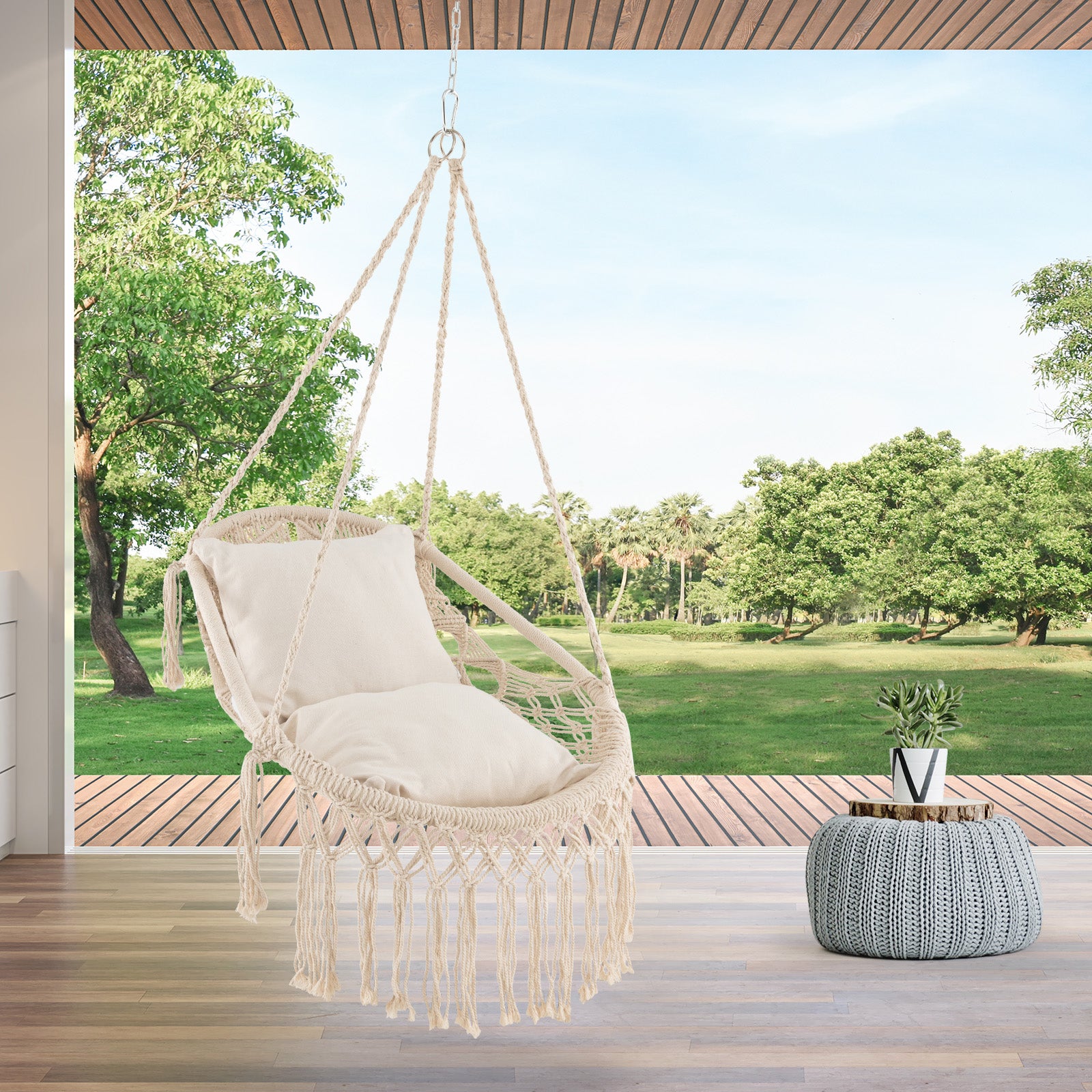 Hanging Hammock Chair with Soft Seat Cushions-Beige