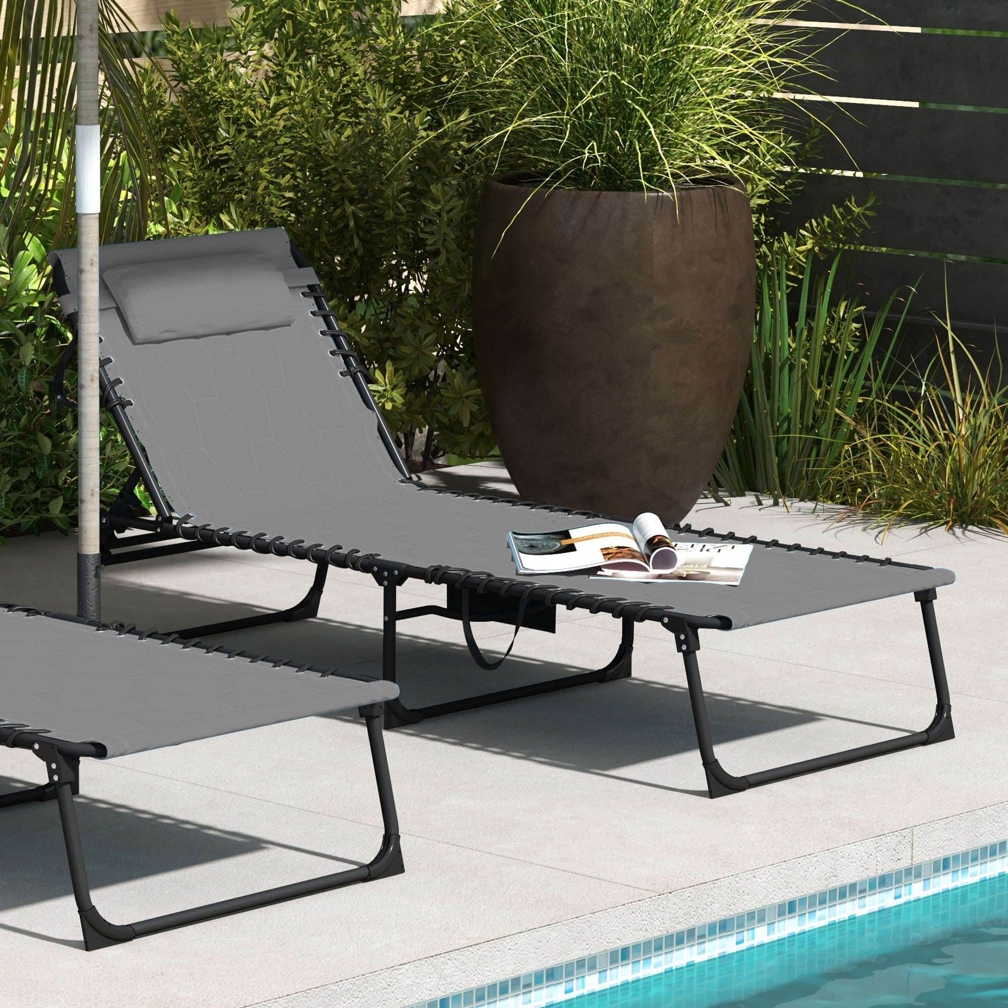 Outsunny Foldable Sun Lounger with 5-level Reclining Back, Outdoor Tanning Chair w/ Padded Seat, Outdoor Sun Lounger with Side Pocket