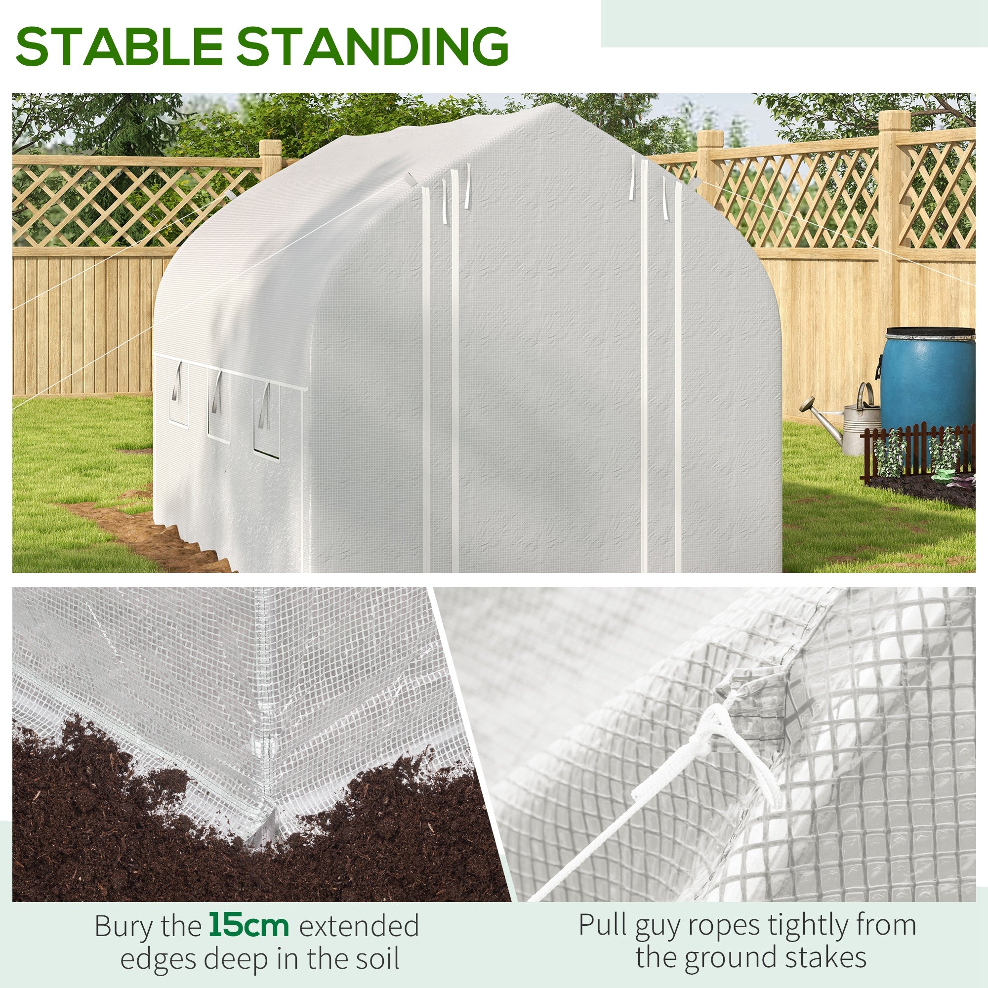Outsunny 3 x 2m Walk-in Polytunnel Greenhouse, Zipped Roll Up Sidewalls, Mesh Door, 6 Mesh Windows, Tunnel Warm House Tent with PE Cover, Complimentary Plant Labels and Gloves, White