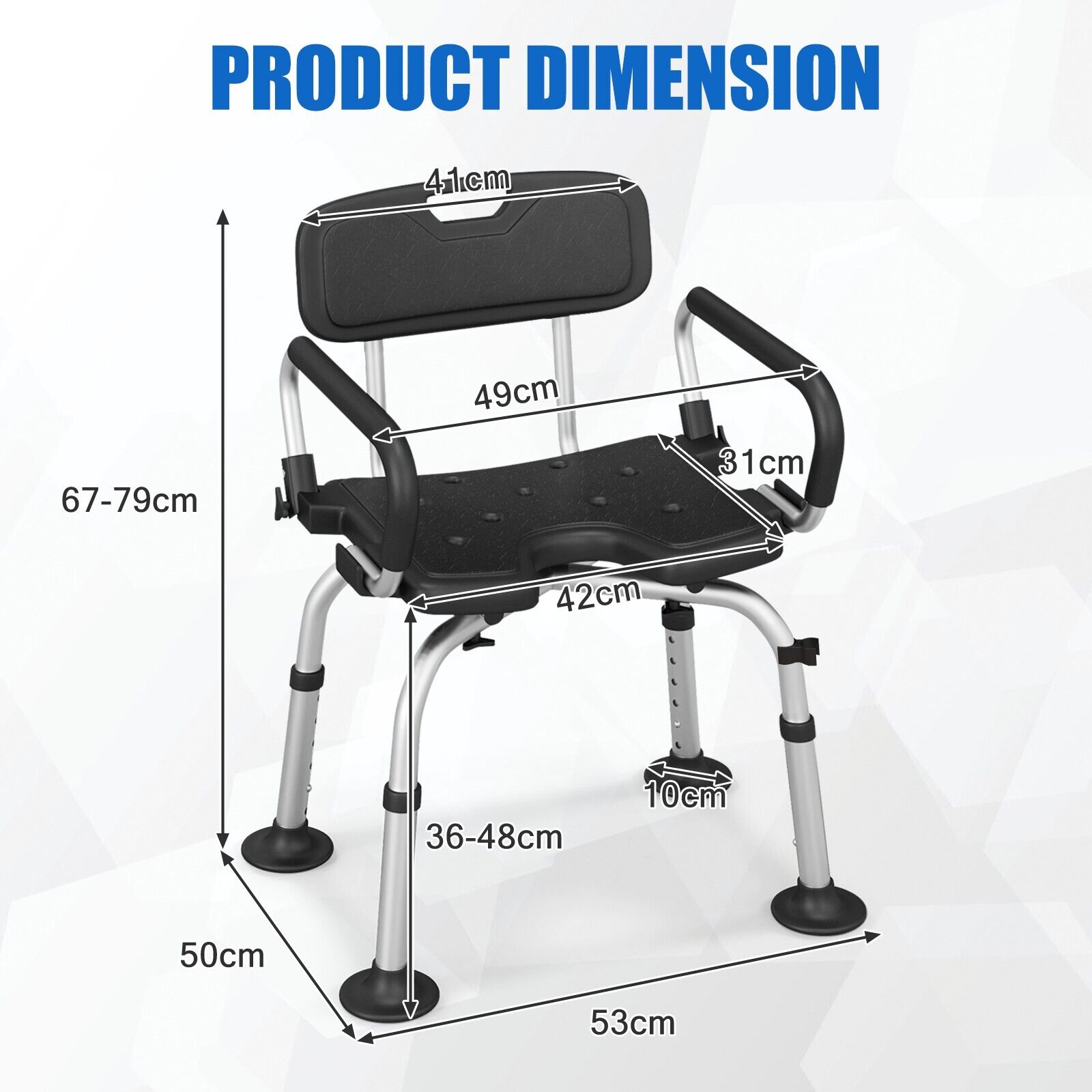 Shower Stool with Removable Arm and Back Rests-Black