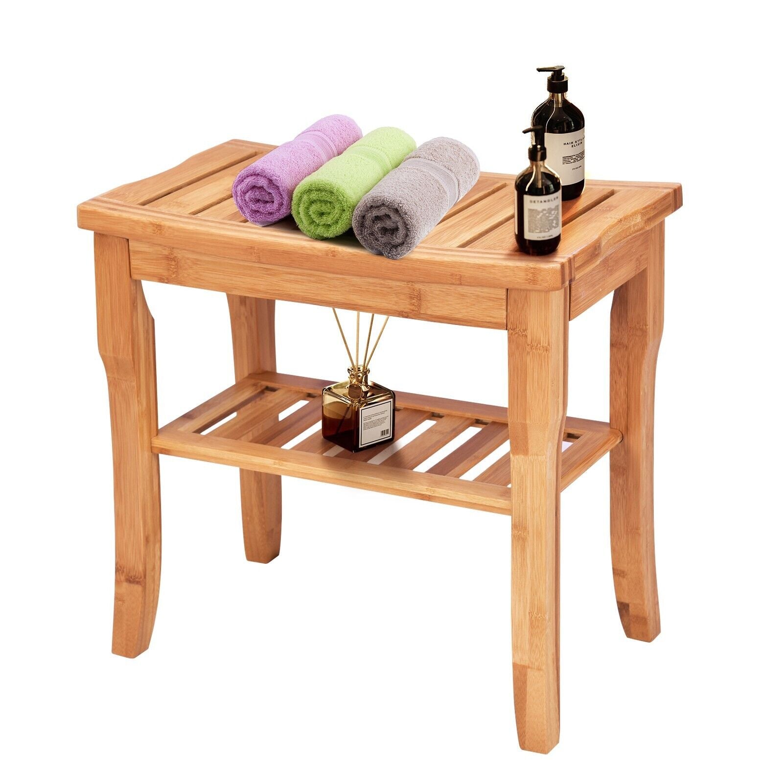 Bamboo Shower Bench with Storage Shelf and Non-Slip Feet