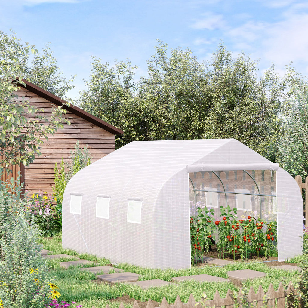 Outsunny 3.5 x 3 x 2m Walk-In Greenhouse Polytunnel Greenhouse Garden Hot House with Steel Frame, Roll Up Door and Windows, White