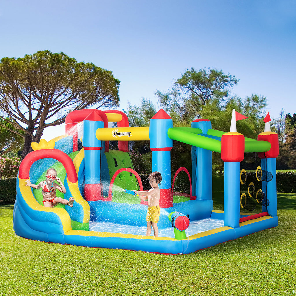 Outsunny 5 in 1 Kids Bounce Castle Large Castle Style Inflatable House Slide Trampoline Pool Water Gun Climbing Wall for Kids Age 3-8