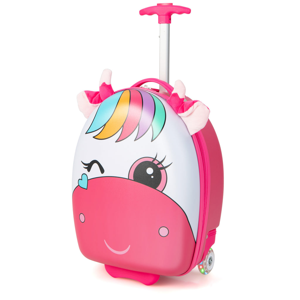 16 Inch Kids Luggage with Light up Wheels and Telescopic Handle Pink Horse