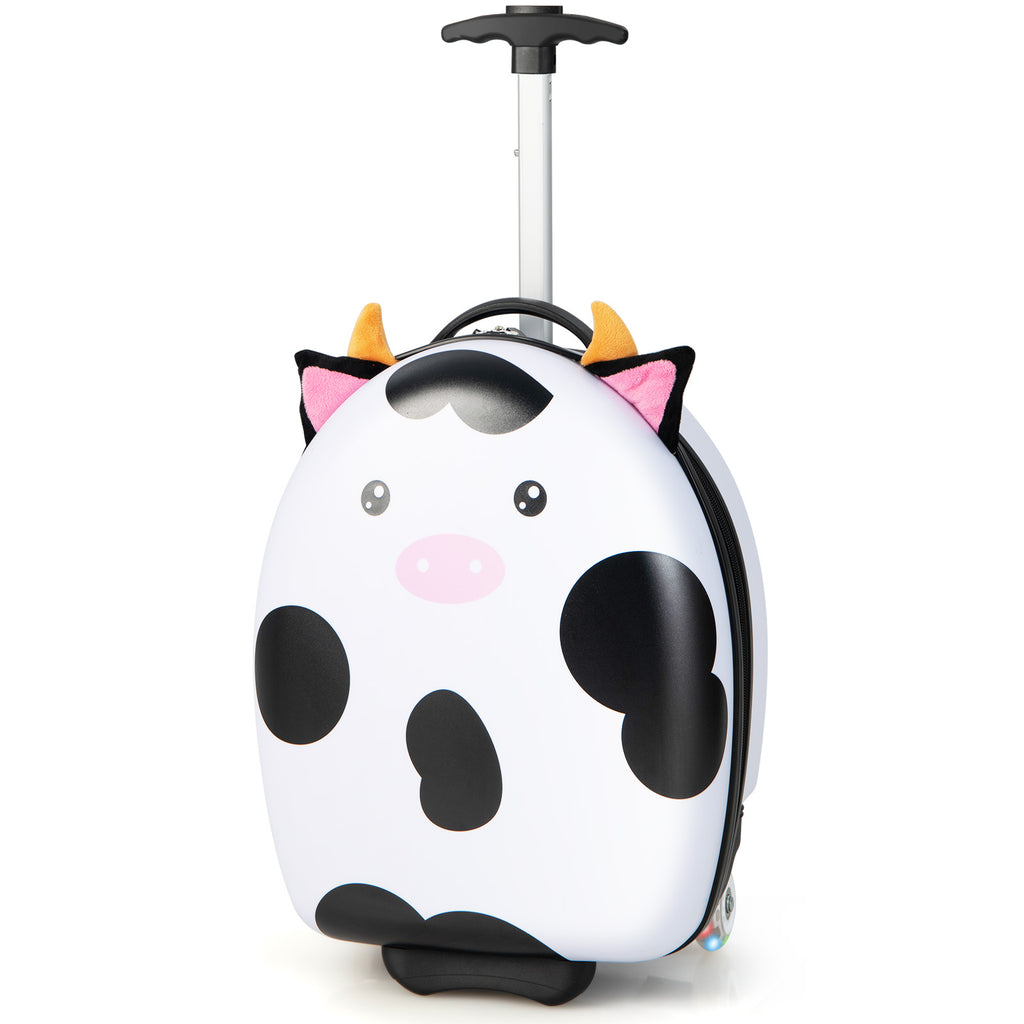 16 Inch Kids Luggage with Light up Wheels and Telescopic Handle White Cow