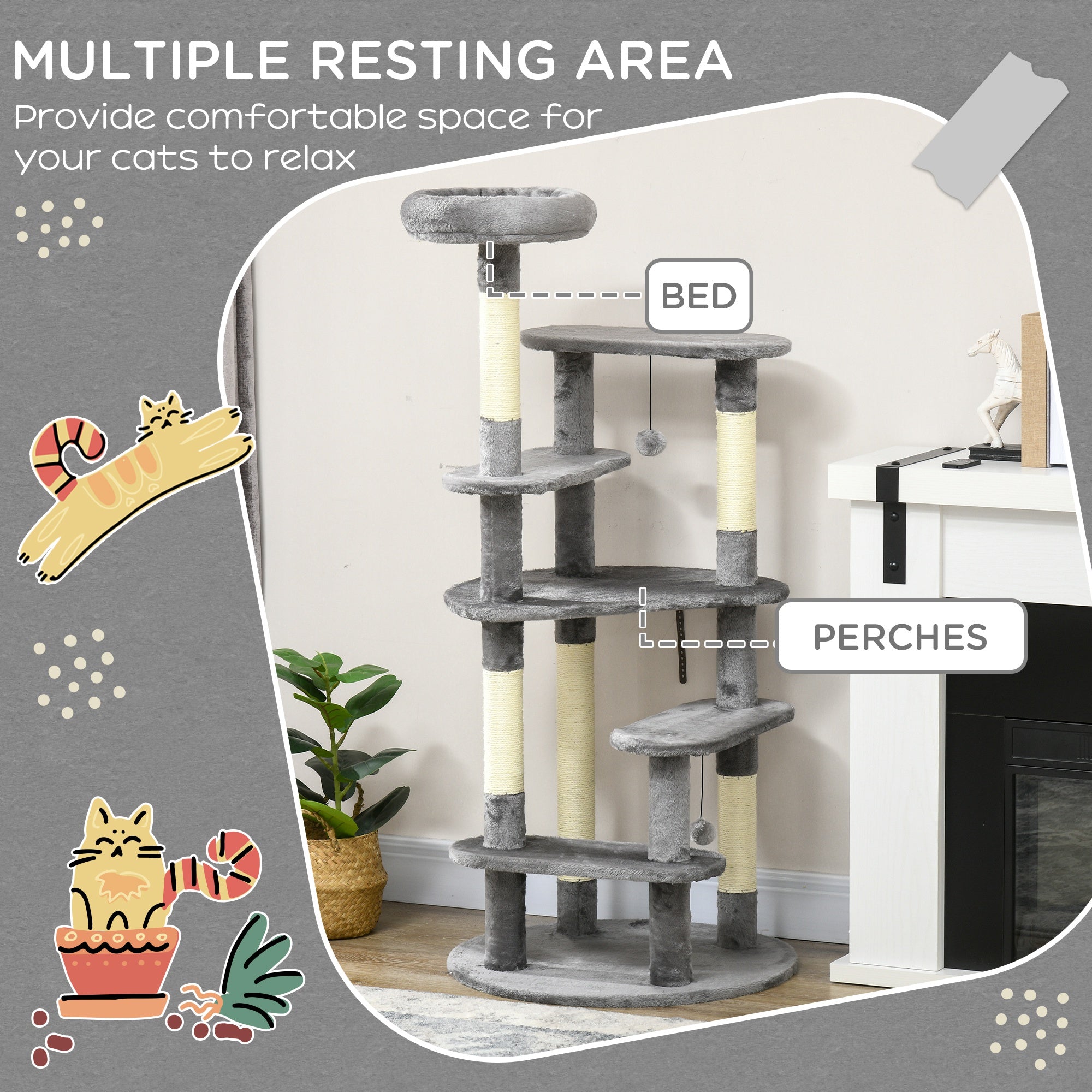 PawHut 136cm Cat Tree for Indoor Cats, Modern Cat Tower with Scratching Posts, Bed, Toy Ball - Grey
