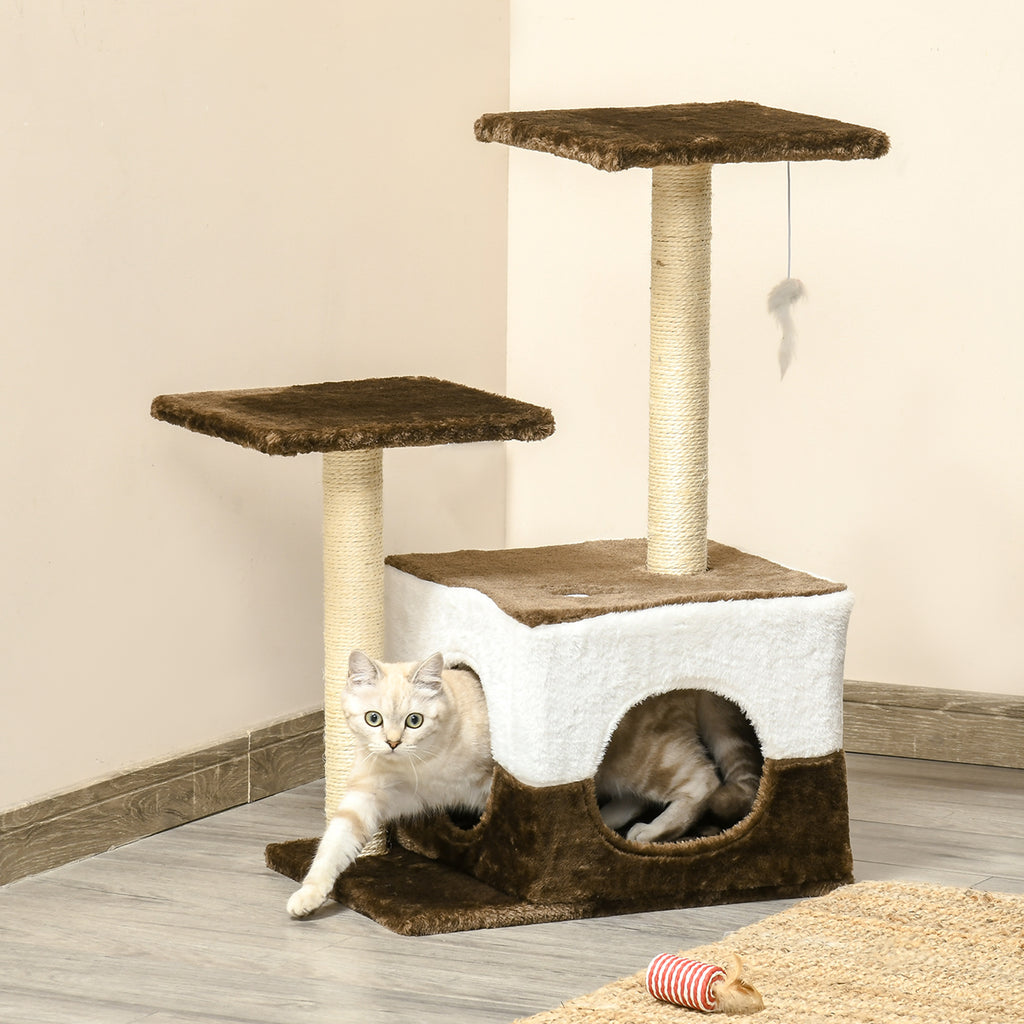 PawHut Cat Tree Tower Kitten House Scratching Posts with Condo Perch Interactive Mouse Toy, 45 x 33 x 70 cm, Brown - Inspirely