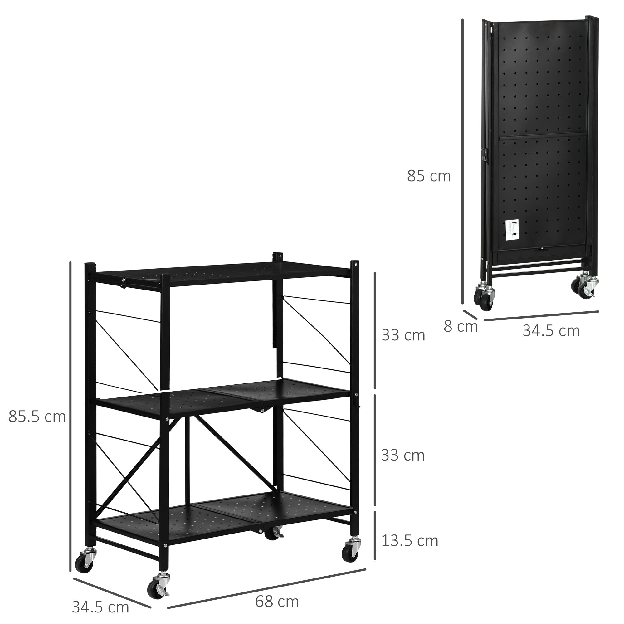 HOMCOM 3-Tier Storage Trolley Cart, Foldable Rolling Cart for Kitchen, Living Room and Bathroom, 68 x 34.5 x 85.5 cm, Black