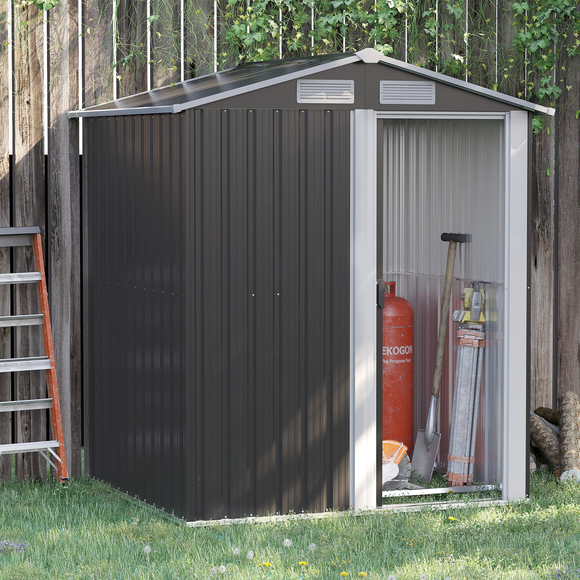 Outsunny 5ft x 4ft Garden Metal Storage Shed, Tool Storage Shed with Sliding Door, Sloped Roof and Floor Foundation for Garden, Backyard, Patio, Grey - Inspirely