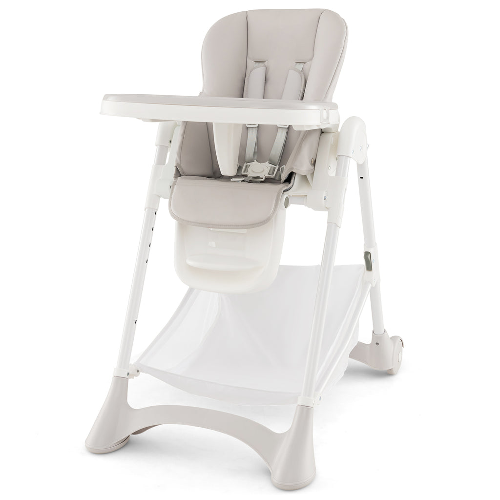 Baby High Chair with Detachable PU Cushion and Lockable Wheels-Beige