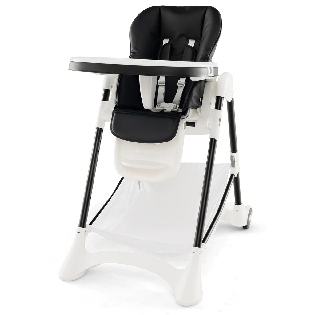 Baby High Chair with Detachable PU Cushion and Lockable Wheels-Black