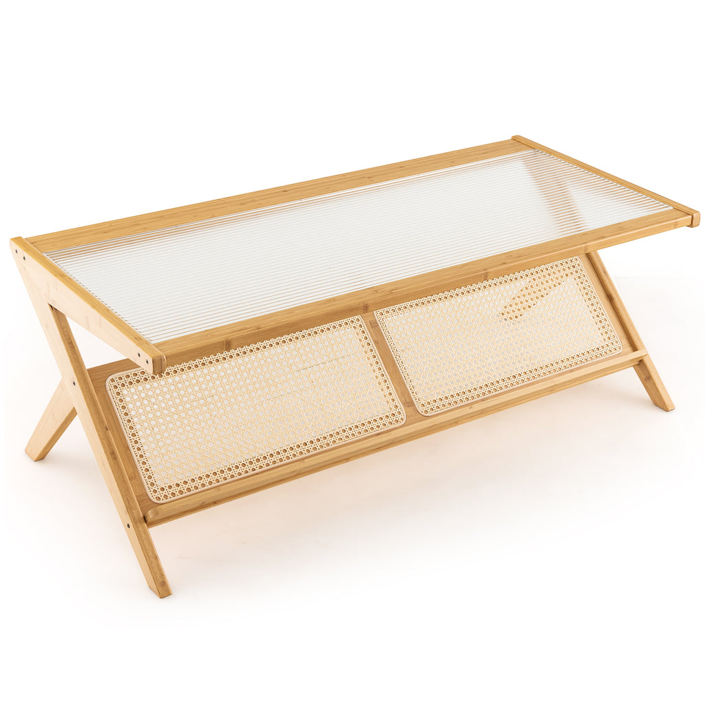 Bamboo Coffee Table with Glass Tabletop-Natural