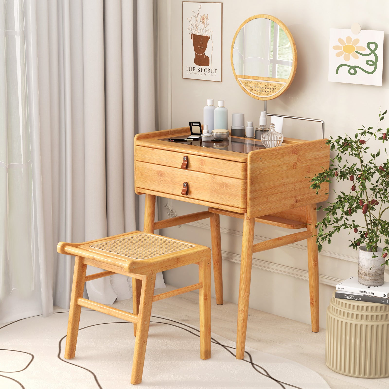 Bamboo Vanity Set with Drawers and Adjustable Mirror-Natural