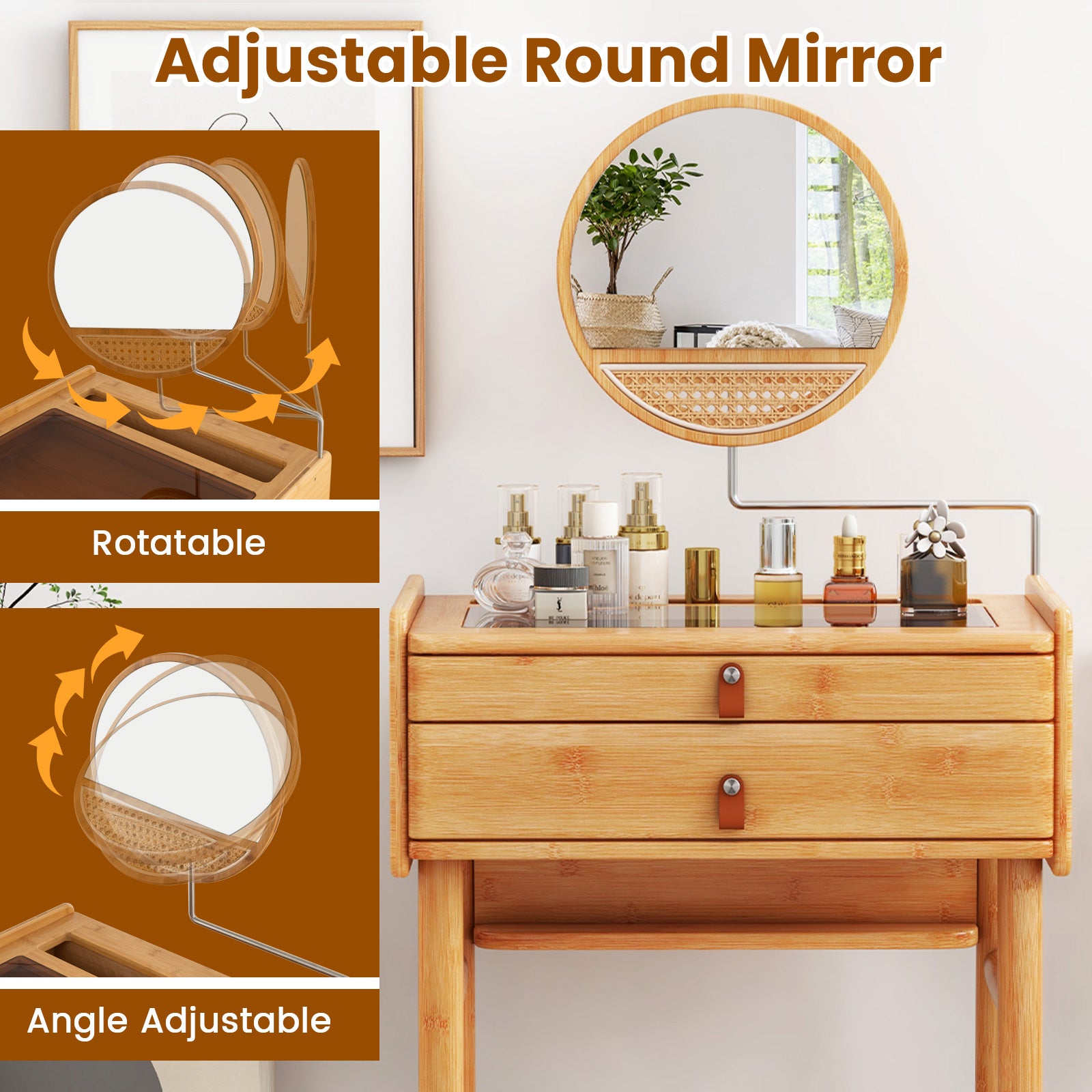Bamboo Vanity Set with Drawers and Adjustable Mirror-Natural